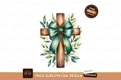 Wooden cross green bow foliage ribbon Product Image 1