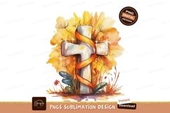 Stone cross with orange ribbon and floral background Product Image 1