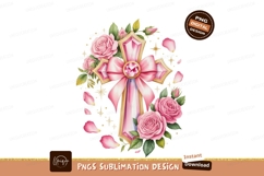 Pink jeweled cross with roses and bow image Product Image 1