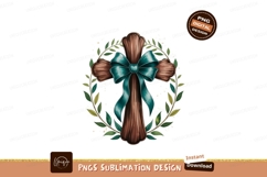 Wooden cross teal bow green leaves image Product Image 1