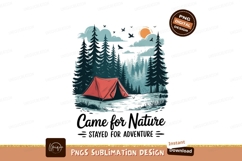 Format: Title: Red tent in dark forest with sun and birds Product Image 1