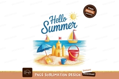 Sunny beach sandcastle sailing boats and umbrella summer Product Image 1