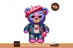Fashionable teddy bear with pink beret and denim blue Product Image 1