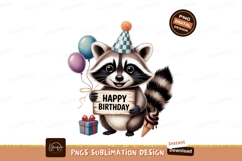 Raccoon celebrates birthday with balloons and ice cream Product Image 1