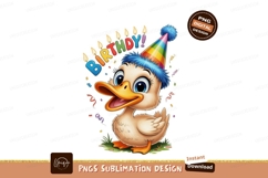 Cheerful duck celebrating birthday with colorful hat and can Product Image 1