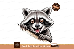 Happy raccoon peeking over wooden plank animal wildlife Product Image 1