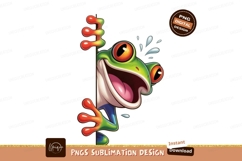 Cheerful green frog peeking around corner orange pink Product Image 1