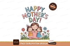 Mother hugging daughters surrounded by flowers grass Product Image 1