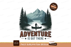 Canoeist paddling on lake towards mountains forest Product Image 1