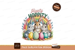 Three fluffy bunnies with colorful eggs and rainbow Product Image 1