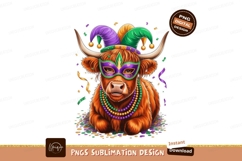 Highland cow wearing Mardi Gras mask and jester hat Product Image 1