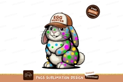 Cheerful bunny wearing egg hunter hat covered in colorful po Product Image 1