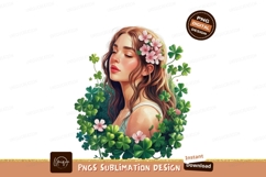 Woman adorned with flowers and clover green pink Product Image 1
