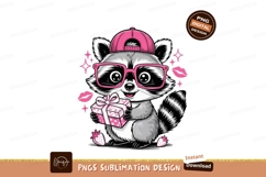 Cute raccoon wearing pink cap and glasses holding gift Product Image 1