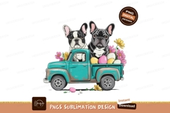 French bulldogs in vintage truck with easter eggs and flower Product Image 1