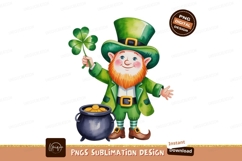 Cheerful leprechaun holding shamrock with pot of gold Product Image 1