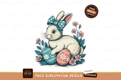 White bunny with blue polka dot bow and easter eggs Product Image 1