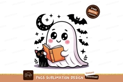 Cute ghost reading book with black cat image Product Image 1