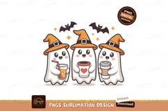 Cute ghosts wearing witch hats holding drinks halloween Product Image 1