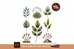 Botanical floral elements with pink buds and green leaves Product Image 1