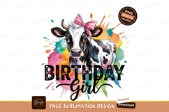 Watercolor Cow Birthday Girl Sublimation Design PNG Product Image 1