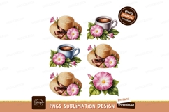 Straw hats and coffee cups with pink morning glories Product Image 1