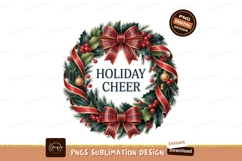 Festive Holiday Wreath With Red Plaid Bows Cheer Christmas Product Image 1