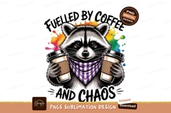 Raccoon holding coffee cups with colorful splash bandana Product Image 1