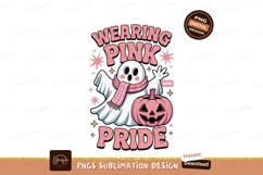 Ghost wearing pink scarf with pumpkin halloween Product Image 1