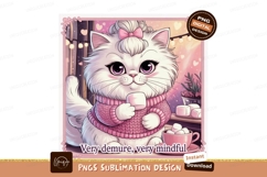 Fluffy white cat wearing pink sweater holding marshmallow Product Image 1