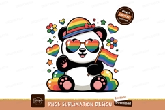 Panda wearing rainbow hat and heart sunglasses holding flag Product Image 1