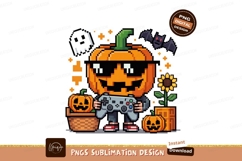Pixelated pumpkin gamer with sunglasses and controller Product Image 1