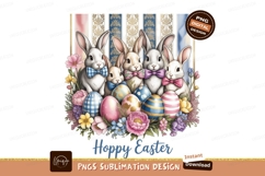 Easter Bunnies With Decorated Eggs And Flowers rabbits Product Image 1