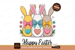 Three Easter bunnies with bows and hearts rabbits yellow Product Image 1
