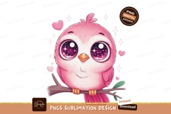 Adorable pink bird with big sparkling eyes on branch Product Image 1