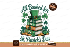 Green hat on stacked books with shamrocks and coins Product Image 1
