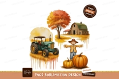 Autumn Farm Scene Tractor Scarecrow Barn Pumpkins fall Product Image 1