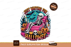 Skeleton waiting for Halloween pumpkins bats Product Image 1
