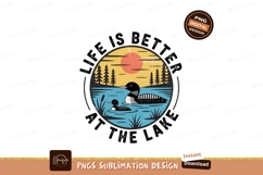 Loons swimming in lake with sunset and trees water Product Image 1