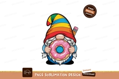 Gnome holding pink donut with rainbow hat and pencil Product Image 1