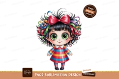 Curly haired girl with colorful ribbons and striped dress Product Image 1