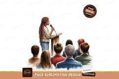 Woman speaking at podium to audience microphone Product Image 1