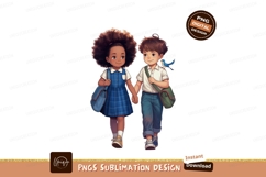 Children walking hand in hand with backpacks friendship Product Image 1