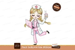 Nurse with laptop and coffee blonde pigtails Product Image 1