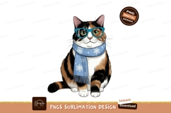 Calico cat wearing blue glasses and snowflake scarf Product Image 1