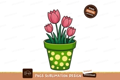 Pink tulips in polka dot pot flowers green Product Image 1