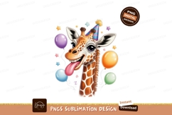 Joyful giraffe celebrates with balloons and party hat Product Image 1