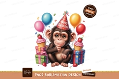 Adorable monkey celebrates birthday with cupcakes and balloo Product Image 1
