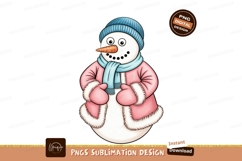 Snowman wearing pink coat blue hat scarf winter cold Product Image 1