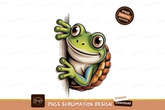 Curious green frog peeking from behind wood brown white Product Image 1